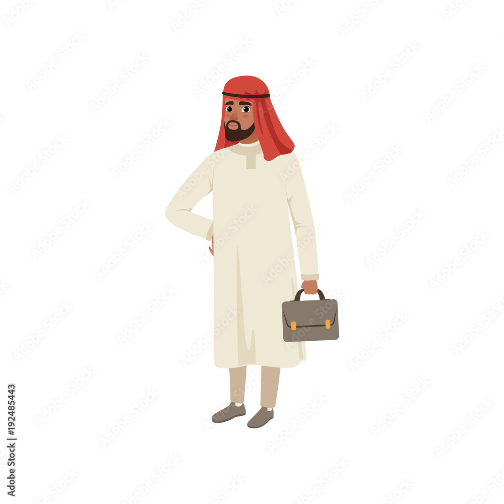 Sticker arabic businessman character standing with briefcase, muslim man in traditional clothing vector illu