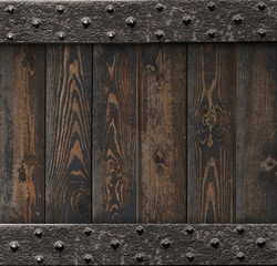 medieval background with old metal frame over wooden planks 3d illustration