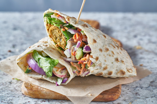 vegan food- tasty falafel wrap in gluten free bread