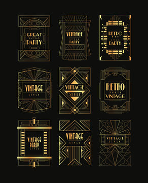Vintage collection of golden Art Deco frames. Luxury vector emblems for business logo, party invitation card or restaurant insignia. Elegant retro badges in geometric shape