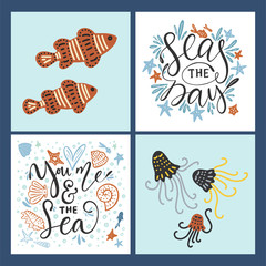 Vector sea cards set with handdrawn sea animals and ornate lettering pieces.