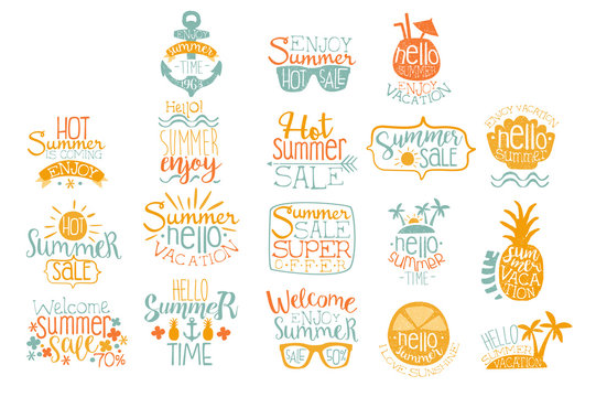 Hand drawn elements for summer calligraphic logo design. Beach vacation and hot sale concepts. Lettering with cocktails, tropical islands, sunglasses. Vector set