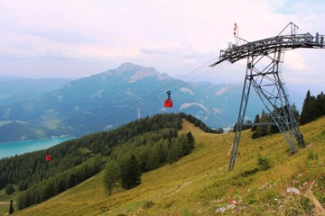 Alps, Austria, August 2013: Ski lift in the mountains near the town of St. Gilgen