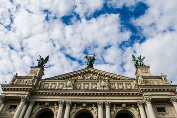 Upper Part of Lviv Age-old Opera House with Sculptures on Top