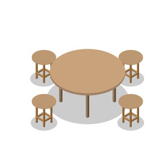 Set of Dining or Cafe Wooden Furniture, Four Chairs with Table. Isometric Drawing Vector.