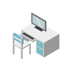 Set of Furniture, Working table with chair and computer. Isometric Drawing Vector.