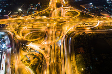 Fototapeta na wymiar Aerial view night city traffic freway intersection road