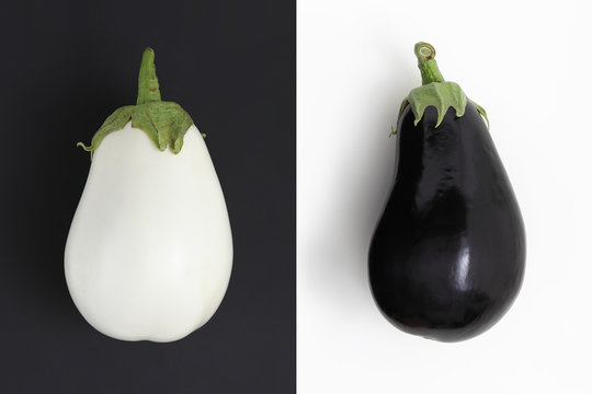 white and black eggplants isolated on white and black background no racism concept
