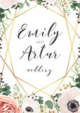 Wedding elegant invite invitation, save the date card design with tender lavender pink garden roses, anemones, wax flowers, eucalyptus branches, leaves & cute golden geometrical frame. Vector template