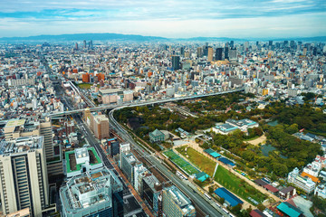 Fototapeta na wymiar Aerial view of the Osaka cityscape in the morning