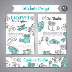 Brochure set with photo and video design in doodle style. Vector Illustration Photography theme for advert