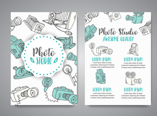 Brochure set with photo and video design in doodle style. Vector Illustration Photography theme for advert