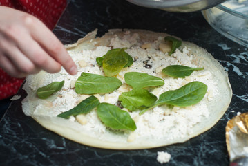 Vegetarian Healthy Rolled Pancakes with Cheese Cream and Spinach Leaves. Italian Food. Making Pancakes Rolls.