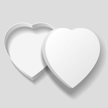 Vector realistic blank white heart shape box isolated on gray background.