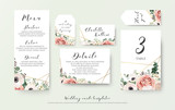 Wedding menu, information, label, table number and place card design with elegant lavender pink garden rose, anemone, wax flowers eucalyptus branches, leaves & cute golden pattern. Vector template set