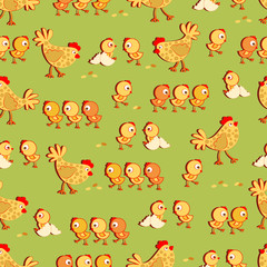 Fototapeta premium Chicken hen and little chickens. Seamless pattern. Design for children's textiles, background image for packaging materials, farm products. Cartoon style.