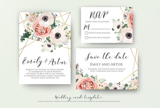Wedding invite, invitation, rsvp, save the date card design with elegant lavender pink garden rose anemone, wax flowers eucalyptus branches leaves, cute golden geometrical pattern. Vector template set