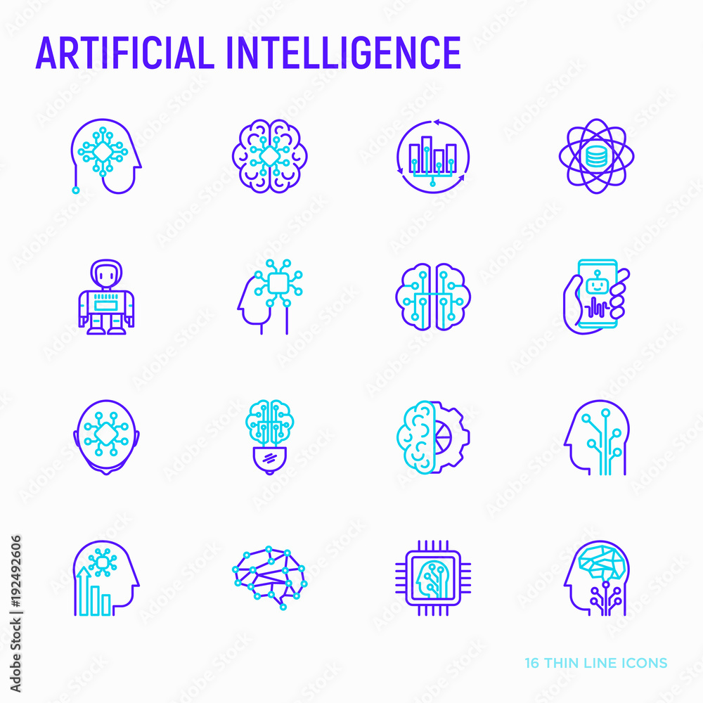 Poster artificial intelligence thin line icons set: robot, brain, machine learning, marketing analytics, cp