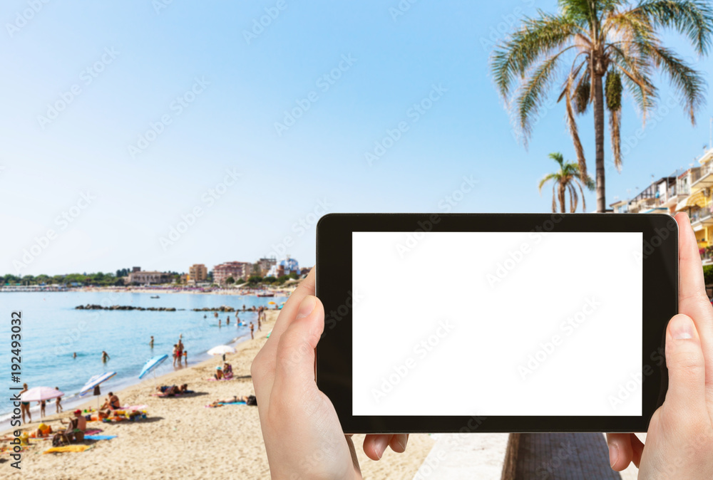 Poster tourist photographs urban beach in Giardini-Naxos