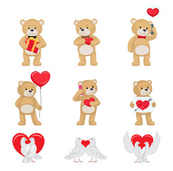 Cute Soft Toy Bears and White Doves in Love Set