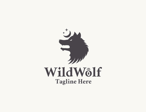 Tribal esoteric wolf logo. Vector illustration with wolf head, moon and stars