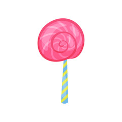 Cartoon icon of strawberry lollipop in flat style. Tasty spiral candy on stick. Colorful vector design element for Happy Birthday card or sweet shop