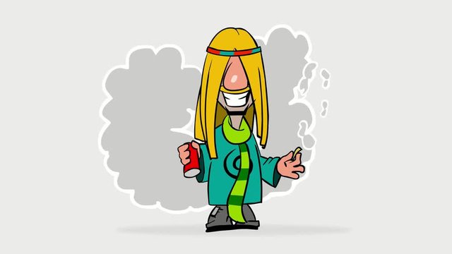 Funny happy hippie man with can and smoking cigarette. Animated cartoon character.