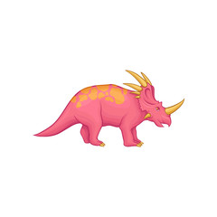 Cartoon styracosaurus dinosaur. Pink prehistoric creature with long tail, orange spots on back, horns on neck, cheeks and nose. Jurassic period animal. Flat vector design
