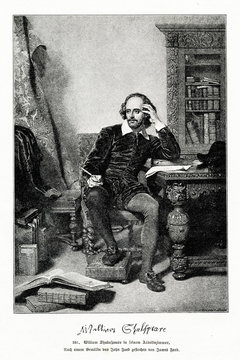 Portrait of English playwright William Shakespeare, painting of John Faed, engraved by James Faed (from Spamers Illustrierte Weltgeschichte, 1894, 5[1], 717)
