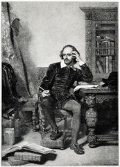 Portrait of English playwright William Shakespeare, painting of John Faed, engraved by James Faed (from Spamers Illustrierte Weltgeschichte, 1894, 5[1], 717) - obrazy, fototapety, plakaty
