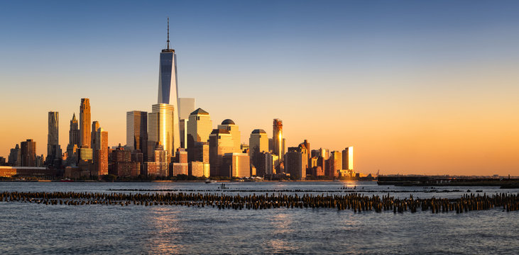 New York City Financial District skyline (Lower Manhattan) at Sunset across the Hudson River