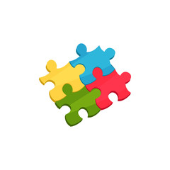 Four connected pieces of puzzle. Cartoon icon of children s jigsaw. Educational game for kids. Colorful flat vector design for web or mobile app