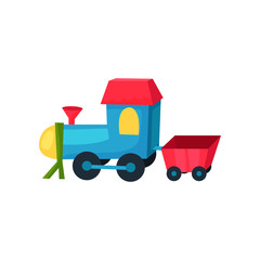 Colorful plastic locomotive on wheels with little wagon. Children s toy train. Flat vector icon for kids web store and mobile application