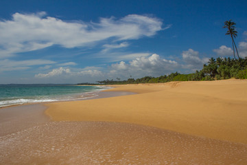 Beautiful beach. View of nice tropical beach with palms around. Holiday and vacation concept. Tropical beach.
