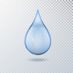 Realistic vector 3d transparent blue water drop isolated.