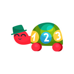 Cute green turtle with numbers on shell. Learning through play. Educational counting game. Development toy for children s. Cartoon flat vector illustration
