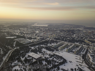 Aerial view of city Tallinn Estonia in winter day, district Mustamjae
