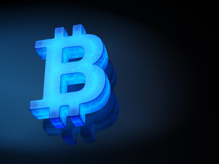Blue glowing bitcoin symbol on black background, cryptocurrency concept. 3d illustration.