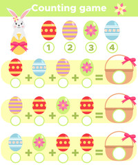 Counting spring game for children. Help Easter rabbit count eggs and write the result on the basket. Addition worksheet. Vector illustration