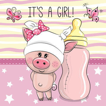 Cute Cartoon Pig with feeding bottle