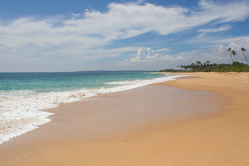 Beautiful beach. View of nice tropical beach with palms around. Holiday and vacation concept. Tropical beach.