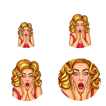 Vector pop art avatar of surprised girl with opened mouth in red dress, shocked of prices, sales, discounts. Icon of model, woman for chat, blog on white background
