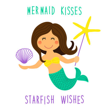 Cute childish hand drawn cartoon character of little mermaid with sea starfish, shell and lettering quote