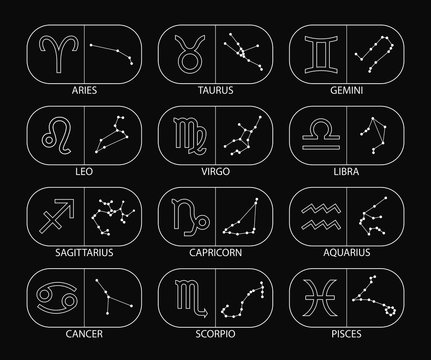 Vector graphics astrology set. A simple geometric representation of the zodiac signs and constellations for horoscope with titles, line art isolated illustration on black background
