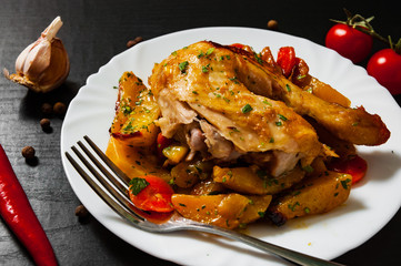Fried chicken legs with carrots, onions and potatoes served on a white plate on dark wooden background