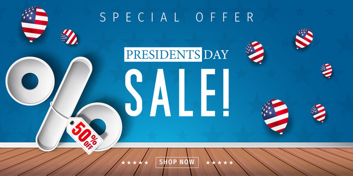 Banner for presidents day sale design . Presidents day sign on a dark blue background with 3d percent symbol. Vector illustration for business promotion.