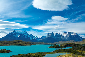 Pehoe lake and Guernos mountains beautiful landscape, national park Torres del Paine, Patagonia, Chile, South America  