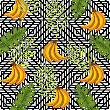 tropical flower and banana with banana abstract background vector illustration design leaves and flowers, summer and geometric pattern