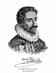 Naklejka premium Miguel de Cervantes, greatest writer in the Spanish language (from Spamers Illustrierte Weltgeschichte, 1894, 5[1], 751)