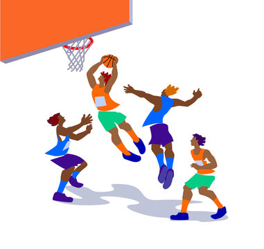 Vector illustration of basketball players in action.
